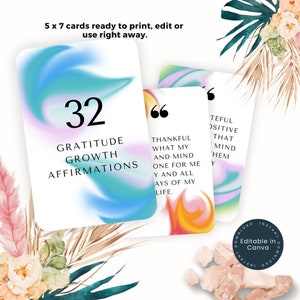 32 Afirmaciones de crecimiento de gratitud, Tarjetas imprimibles, Alivio de la ansiedad, Afirmación positiva, Amor propio, Paz interior, Bienestar, Autoestima
