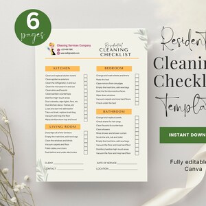 Puede incluir: Una plantilla de lista de verificación de limpieza imprimible con un diseño de hojas verdes. La lista de verificación incluye secciones para la cocina, el dormitorio, el baño y la sala de estar. El texto "Plantillas de listas de verificación de limpieza residencial" está en la parte superior de la página. El texto "Descarga instantánea" está en un botón verde. El texto "Totalmente editable en Canva" está en la parte inferior de la página.