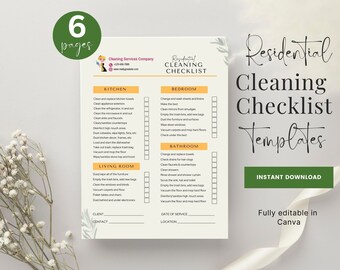 May include: A printable cleaning checklist template with a green leafy design. The checklist includes sections for kitchen, bedroom, bathroom, and living room. The text "Residential Cleaning Checklist Templates" is at the top of the page. The text "Instant Download" is in a green button. The text "Fully editable in Canva" is at the bottom of the page.