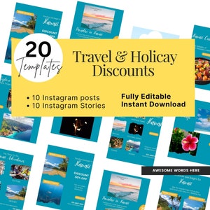 May include: A collection of 20 Instagram post and story templates for travel and holiday discounts. The templates feature images of Hawaii, with text that says "Travel & Holiday Discounts", "20 Templates", "10 Instagram Posts", "10 Instagram Stories", "Fully Editable", "Instant Download", "Paradise in Hawaii", "Hawaii Cuisine", "Awesome Words Here", "Vacation Packages to Hawaii", and "Discount 50% Off".