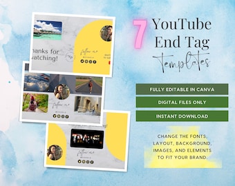 May include: Seven customizable YouTube end screen templates with a yellow and gray color scheme. The templates feature a variety of images, including a beach scene, a woman in a forest, and a woman in a city. The text "follow me" is included on each template, along with social media icons.