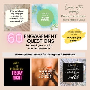 May include: A digital marketing template set with engagement questions for social media. The image features various text-based graphics with prompts like "What puts you in a good mood?" and "What did you bring?" The templates are designed for Instagram and Facebook.