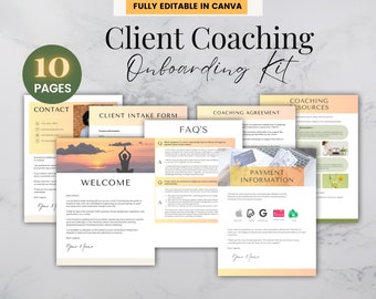 May include: A 10-page client coaching onboarding kit with a sunset background. The kit includes a contact page, client intake form, FAQ's, coaching agreement, payment information, and coaching resources.