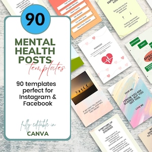 90 Mental Health Canva Templates | Mental Health Feed Posts-Stories | Mental Health Instagram Templates  | Mental Health Content Ideas