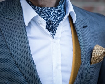 Navy Blue Ascot Tie with White Flowers, Handmade Cravat,  Wedding, Grooms Attire, Floral Ascot Tie Cravat, Wedding ascot, DAY Cravat