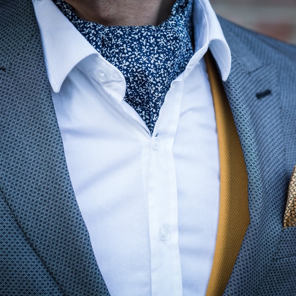 Navy Blue Ascot Tie with White Flowers, Handmade Cravat,  Wedding, Grooms Attire, Floral Ascot Tie Cravat, Wedding ascot, DAY Cravat