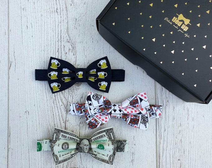 GIFT BOX For Him, Complete Gift Set For Him, Three Bow Ties Gift Set, Beer Bow Tie, Playing Cards Bow Tie, Dollar Bow Tie, Groomsmen Box