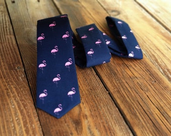 Pink Flamingo on Navy Blue Tie for Him | Animal Lover Neckties for Men | Gift for Him | Flamingos Colleague Going Away Gift for Him