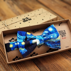 Best gift, Van Gogh Starry Night Bow Tie, Van Gogh Starry Night tie, bow tie and pocket square styles, kids or adult sizes