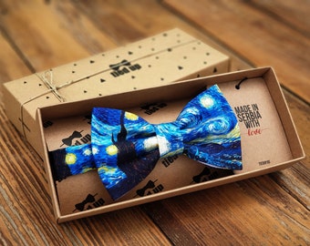 Best gift, Van Gogh Starry Night Bow Tie, Van Gogh Starry Night tie, bow tie and pocket square styles, kids or adult sizes