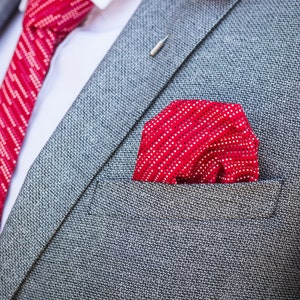 Red Retro Pocket Square with dots details, Handmade Pocket Square ,  Wedding, Grooms Attire, Pocket Square, Wedding Pocket Square