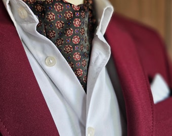 Schwarze Ascot-Krawatte mit roten Details, handgemachte Krawatte, Hochzeit, Bräutigamkleidung, Muster Ascot-Krawatte, Hochzeits-Ascot, Tageskrawatte