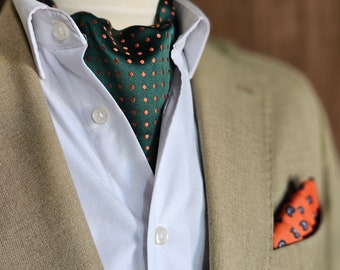 Cravate lavallière verte à pois orange, cravate faite main, mariage, tenue de marié, lavallière à pois, lavallière de mariage, cravate de jour
