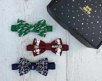 GIFT BOX For Him, Complete Gift Set For Him, Three Bow Tie Gift Set, Guitar Bow Tie, The Beatles Bow Tie, Music Notes Bow Tie, Groomsmen Box
