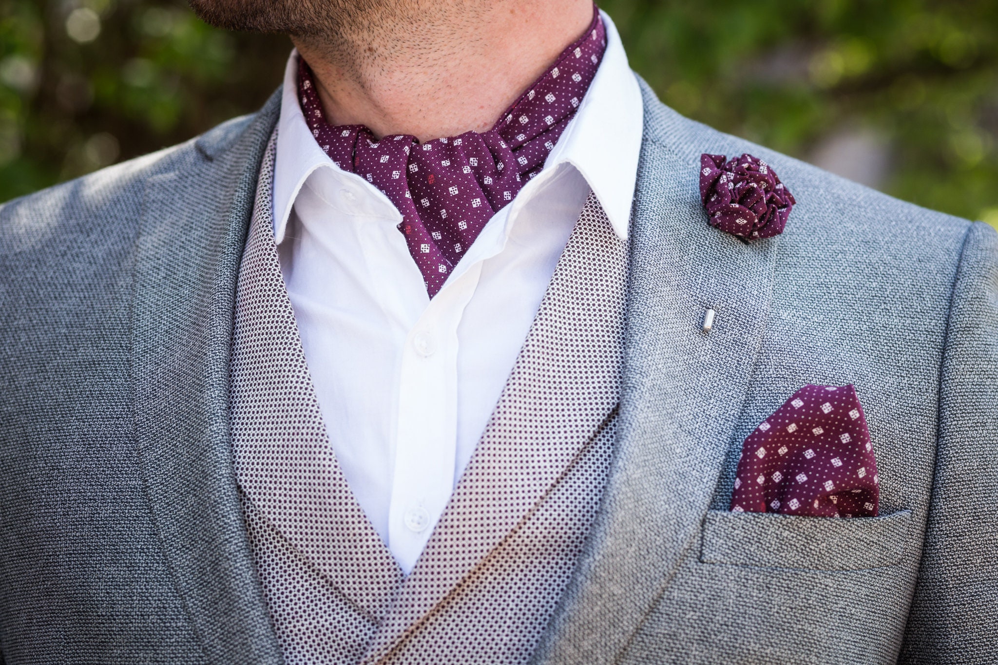 Suit Jacket Of Groom And Red Cravat Ascot Tie Stock Photo, Picture