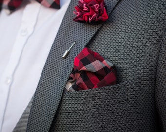 Fazzoletto da taschino scozzese rosso bianco e nero, fazzoletto da taschino fatto a mano, matrimonio, abbigliamento da sposo, fazzoletto da taschino, fazzoletto da taschino nuziale