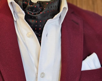 Schwarze Ascot Krawatte mit roten Details, handgefertigte Krawatte, Hochzeit, Bräutigam Kleidung, Muster Ascot Krawatte Krawatte, Hochzeit Ascot, TAG Krawatte