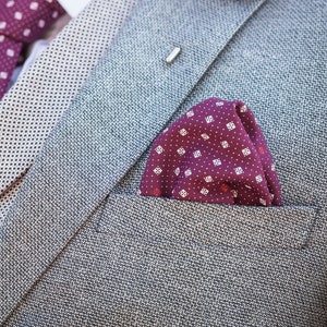 Bordeaux Pocket Square with White Details, Handmade Pocket Square ,  Wedding, Grooms Attire, Pocket Square, Wedding Pocket Square