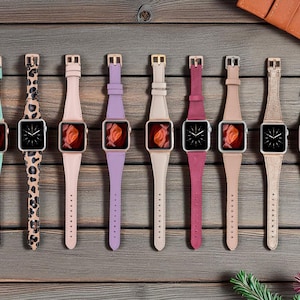 Personalised Slim Leather Apple Watch Band Women 38 40 41 42 44 45 46 49mm | Gift for Her | Series 10 9 8 7 6 5 4 SE Ultra