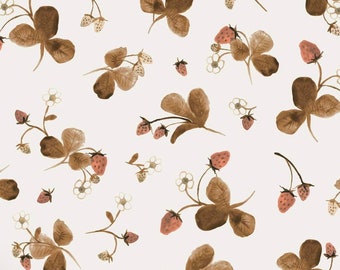 May include: A seamless pattern featuring brown watercolour illustrations of leaves and strawberries on a white background.