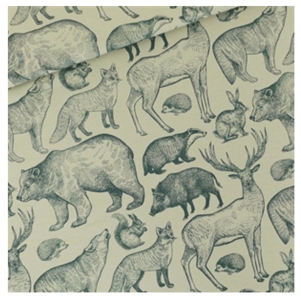 See You at Six Forest Animals fabric, French Terry Gray Aqua fabrics, French Terry - European fabrics.