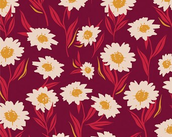 Art Gallery-tyg/Bountiful Daisies Cherry/4-vägsstretch/Jerseystickad/säljs i 1/2 meter.