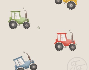 Family Fabric/Colorful Tractor Beige/jersey knit from/4 way stretch/sold by the 1/2 yard.