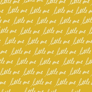 May include: A yellow background with the words "little one" repeated in white cursive writing.
