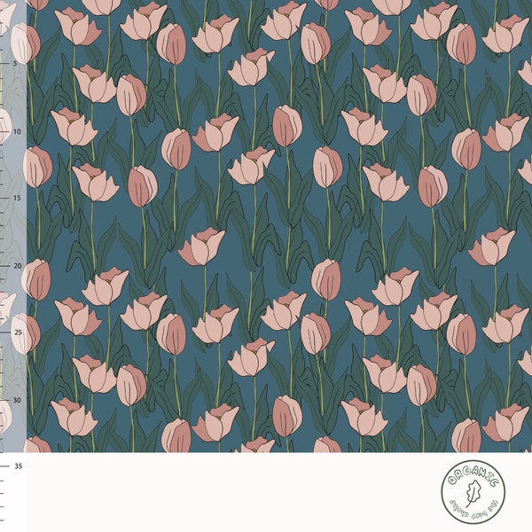 Elvelyckan Design fabric/TULIPS - STEEL (072)/organic knit jersey/4 way stretch/sold by the 1/2 yard.