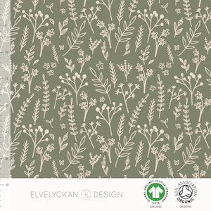 Elvelyckan Design fabric/Flower twig/green (33)/organic jersey knit ribbed/4 way stretch/sold by the 1/2 yard