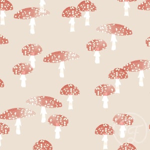Family Fabric/Mushrooms Pastel/jersey knit/4 way stretch/sold by the 1/2 yard.