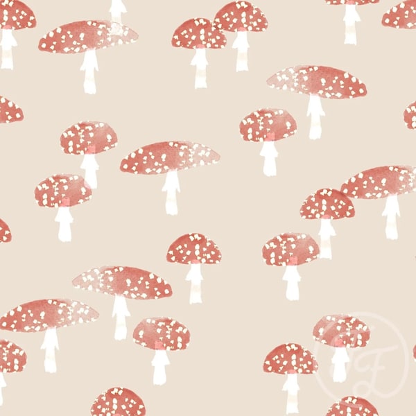 Family Fabric/Mushrooms Pastel/jersey knit/4 way stretch/vendido por 1/2 yarda.