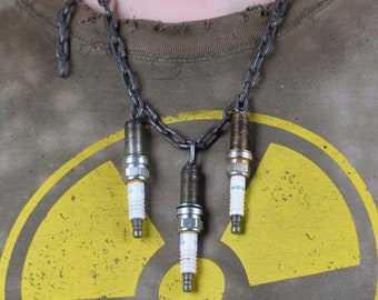 Post-apocalyptic necklace with sparkplugs, alternate wasteland jewellery