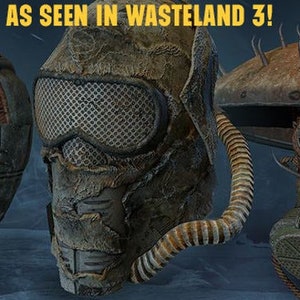 May include: Three different styles of gas masks, all made of metal and leather, with a rusty, worn look. The masks are all designed to protect the wearer from hazardous environments.  The text "AS SEEN IN WASTELAND 3!" is visible at the top of the image.