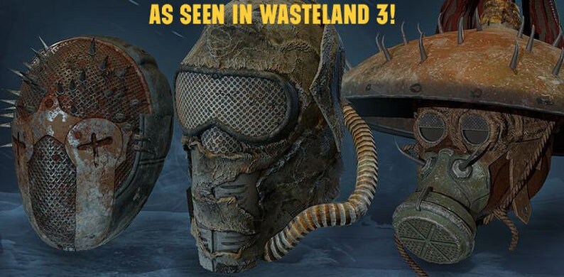 May include: Three different styles of gas masks, all made of metal and leather, with a rusty, worn look. The masks are all designed to protect the wearer from hazardous environments.  The text "AS SEEN IN WASTELAND 3!" is visible at the top of the image.