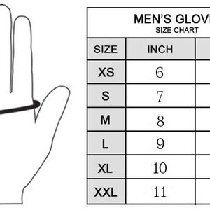 Op de afbeelding: Een maattabel voor handschoenen, met de overeenkomstige inch- en centimetermaten voor elke maat: XS (6 inch, 15,5 cm), S (7 inch, 18 cm), M (8 inch, 20 cm), L (9 inch, 23 cm), XL (10 inch, 25 cm) en XXL (11 inch, 28 cm).