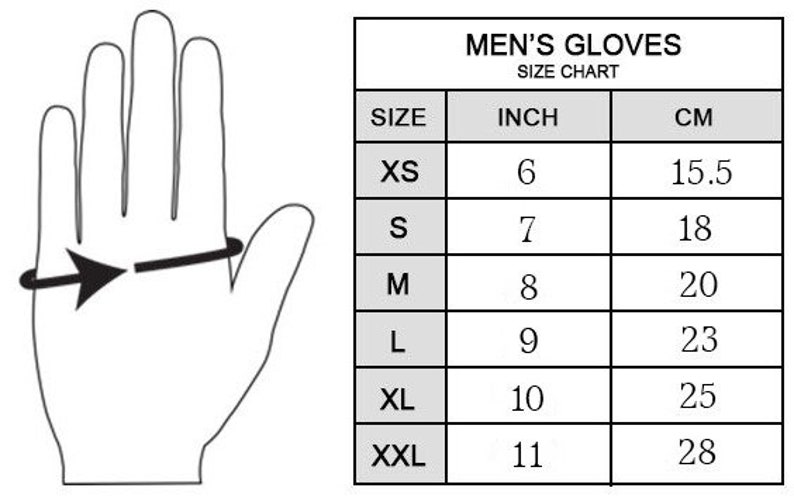 Op de afbeelding: Een maattabel voor handschoenen, met de overeenkomstige inch- en centimetermaten voor elke maat: XS (6 inch, 15,5 cm), S (7 inch, 18 cm), M (8 inch, 20 cm), L (9 inch, 23 cm), XL (10 inch, 25 cm) en XXL (11 inch, 28 cm).