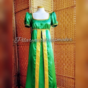 Sob medida, vestido de cetim, vestido do século 18, feito sob encomenda, feito sob medida, feito sob medida, vestido império, vestido regência dourada, vestido bridgertonn