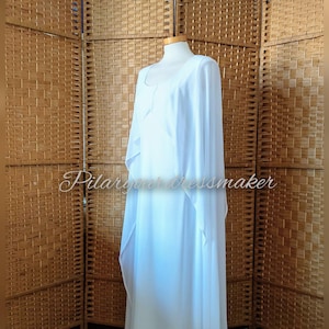 Maßgeschneidertes, zeremonielles Leia-Kleid, Zeremonienkleid der neuen Hoffnung, weicher Stretchstoff und Chiffon, Hochzeitskleid, auf Bestellung gefertigt, nach Maß