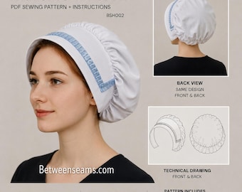 Bonnet sewing pattern, 18th century hat pattern, adult size, A4, US letter, confident beginner