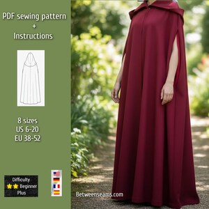 PDF Sewing pattern hood cape, 8 sizes, European 38 - 52, USA sizes  6- 20, A4, US letter, A0, Multi-language