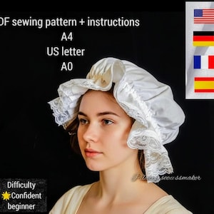 Historical Women’s Bonnet Sewing Pattern, adult size, A4, US letter, A0, confident beginner