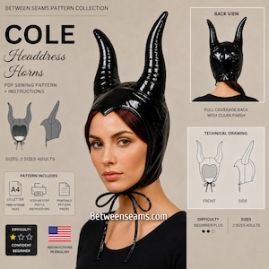 May include: A black vinyl headdress with large, curved horns, part of the "Cole Headdress Horns" pattern collection. The image includes a front view, back view, and technical drawings, with instructions in English. The difficulty level is beginner plus.