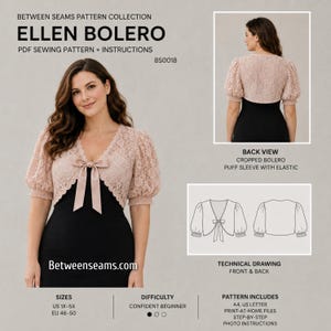 Puede incluir: Imagen de la colección de patrones "Ellen Bolero". El bolero es un top corto con mangas abullonadas y un lazo. La imagen incluye vistas frontal y trasera, además de dibujos técnicos. Tallas disponibles: US 1X-5X y EU 46-50.