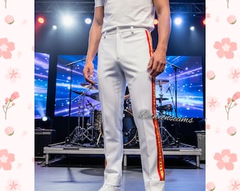 Pantaloni su misura a righe rosse e oro di Freddie, pantaloni sartoriali da palcoscenico