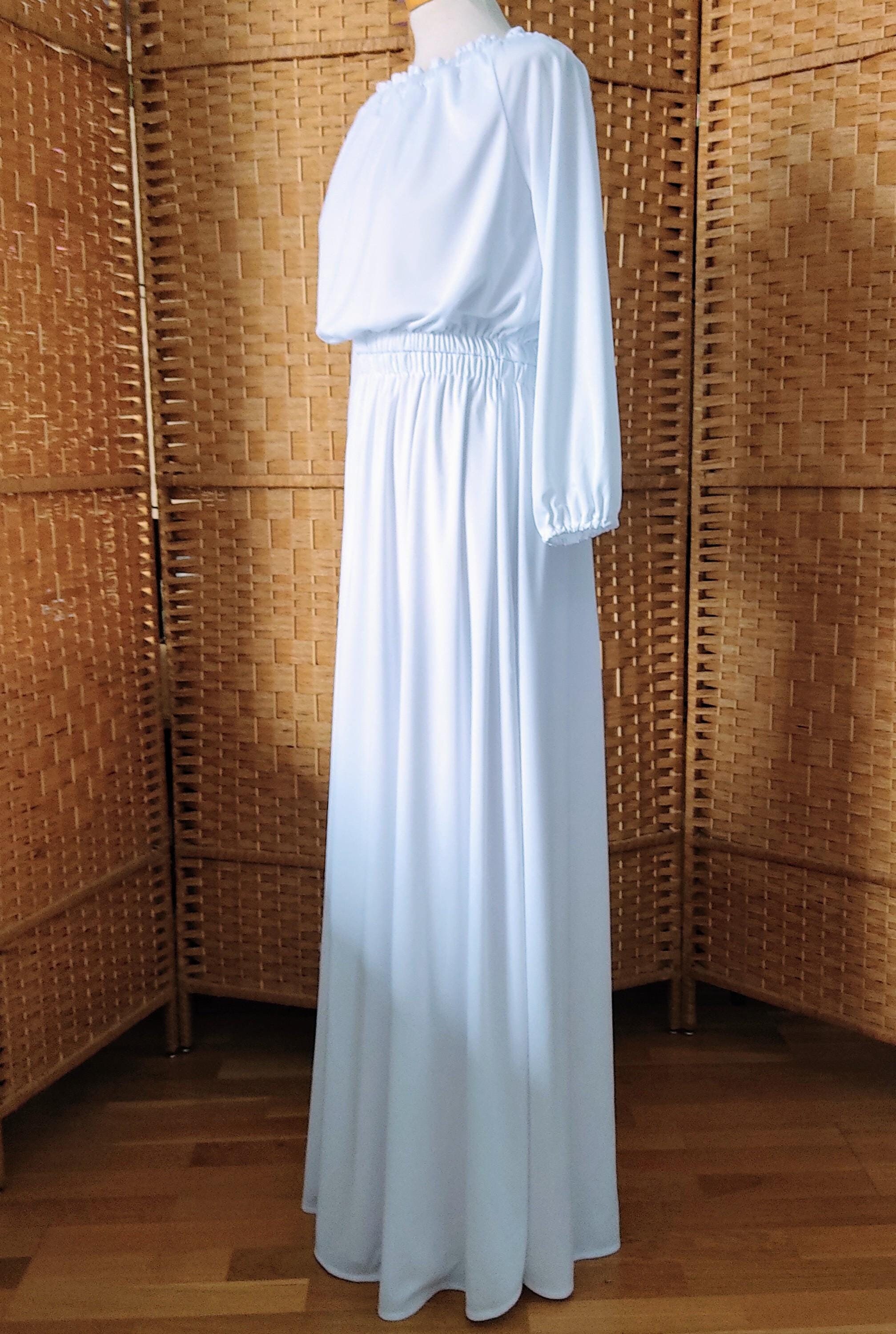 Long White dress,for 35" bust,elastic long dress,bride dress,long party gown,unique dress,long sleeves White dress,economic bride dress