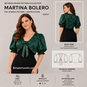 Puede incluir: Una chaqueta bolero verde oscuro con un estampado floral, detalle de lazo y mangas abullonadas. La imagen incluye el texto "MARTINA BOLERO" y "PDF SEWING PATTERN + INSTRUCTIONS". Contorno de busto: 119-157 cm.