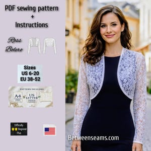 Ross Bolero PDF Sewing Pattern, Elegant Short Lace Jacket, Sizes US 2–20, EU 38 - 52, A4,Us letter,confident beginner