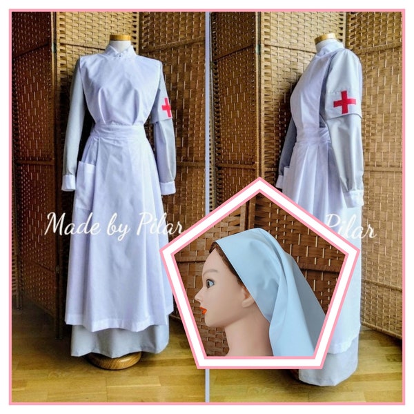 Tailored,War Nurse uniform, WW1 Style uniform,cotton uniform,tailor made ww1 uniform,Skirt, shirt with bracelet, apron and nurse veil