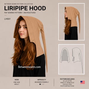 May include: A tan Liripipe hood, a medieval-style hood with a long tail, is shown in multiple views. The pattern includes instructions and is beginner-friendly. The text "Between Seams Pattern Collection" and "Betweenseams.com" are also visible.
